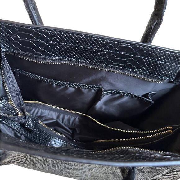 NWOT Neiman Marcus Brand Black Faux Leather Crocodile Pattern Bag - Picture 7 of 15